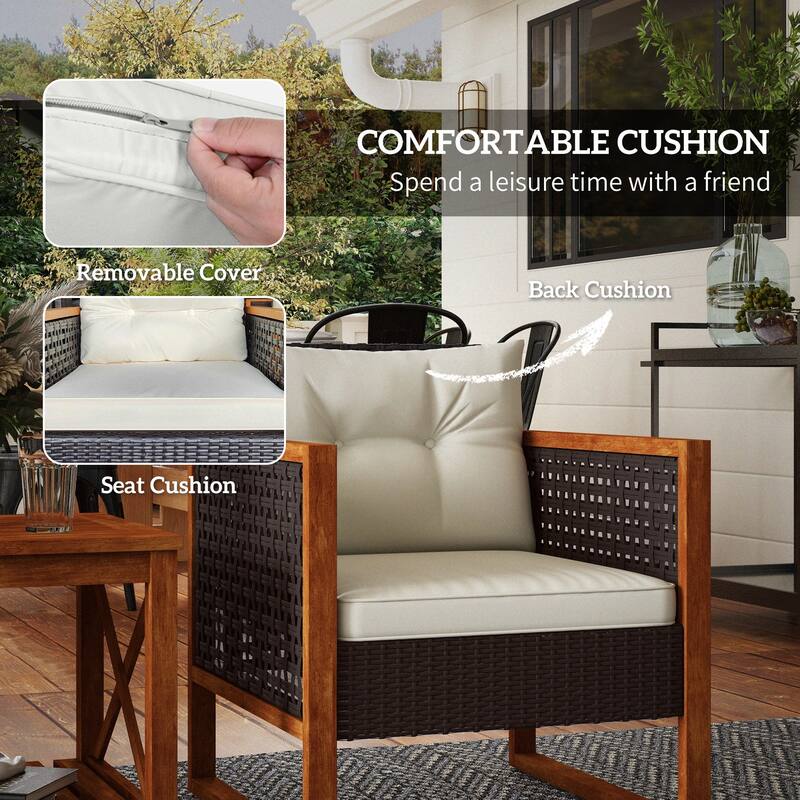 3 Pieces Patio Bistro Set Wooden with Cushions, PE Wicker Patio Furniture Outdoor for Porch, Backyard, Garden