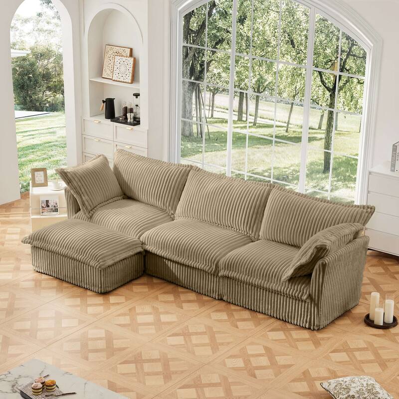 Modern 3 Seater Upholstered Sofa with 1 Ottoman and 2 Pillows