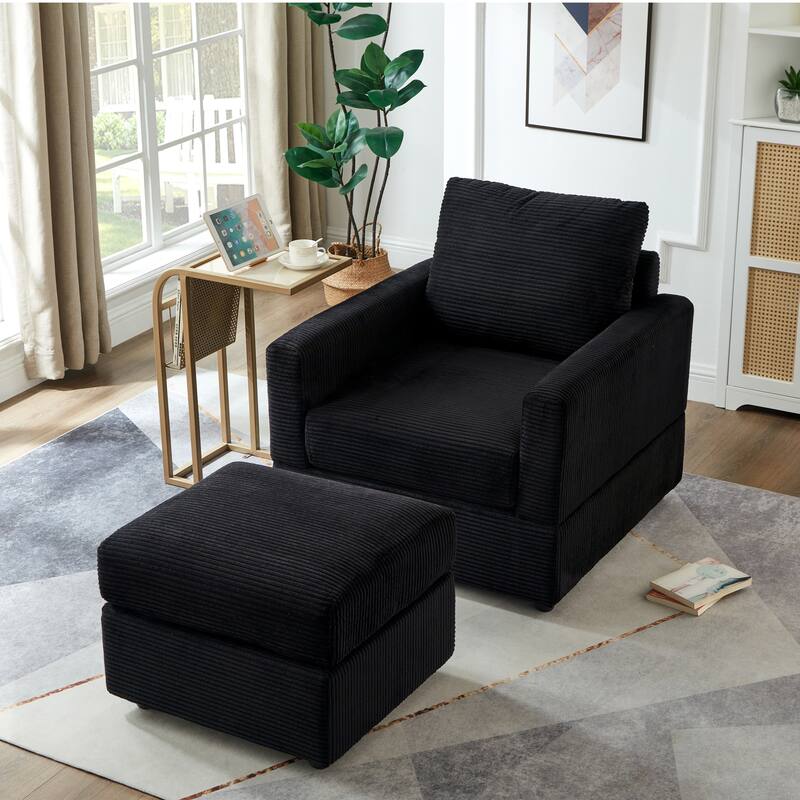 Classic Corduroy Chaise Lounge Chair with Ottoman,Upholstered Sofa Couch Chair for Living Room,Accent Lounge Chair with Armrests - Black