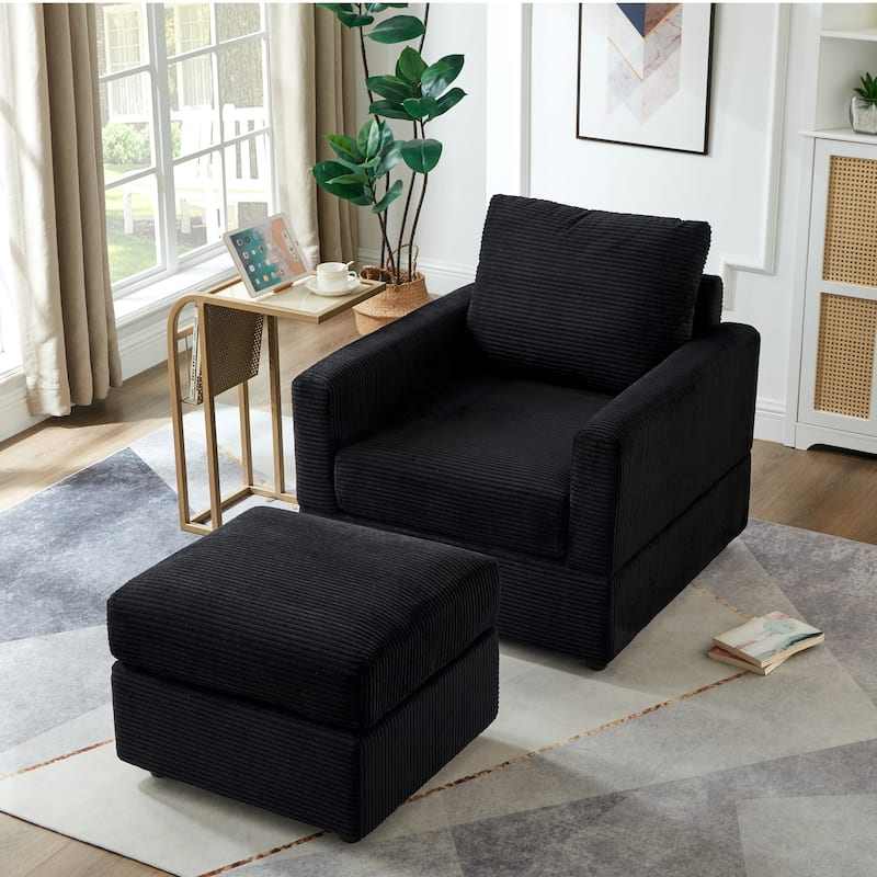Corduroy Chaise Lounge Chair Set with Ottoman - Black