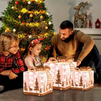 Set of 3 Pre-Lit Christmas Gift Boxes Lighted Present Decoration