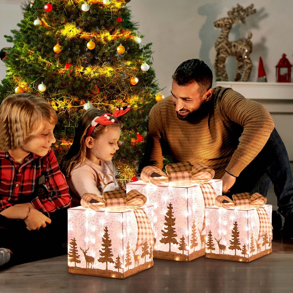 Set of 3 Pre-Lit Christmas Gift Boxes Lighted Present Decoration