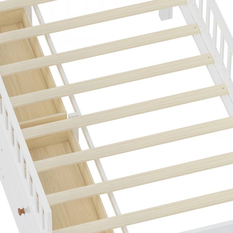 Twin Bed Frame with Storage 4 Drawers,Wooden Bed Frame for Kids,Platform Twin Size Bed with Guardrail Headboard