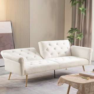 Beige Reclining Futon Loveseat Couch Nailhead Trim Arms Sleeper Sofa ...