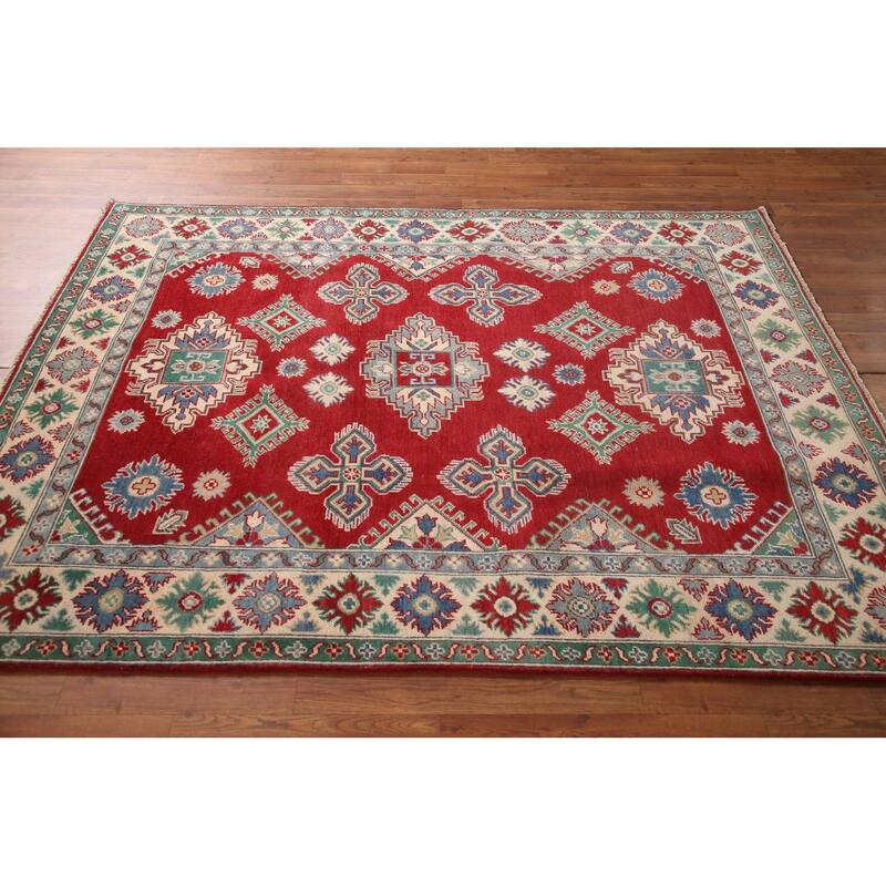 Geometric Red Kazak Area Rug Handmade Wool Carpet - 5'2" x 6'9"