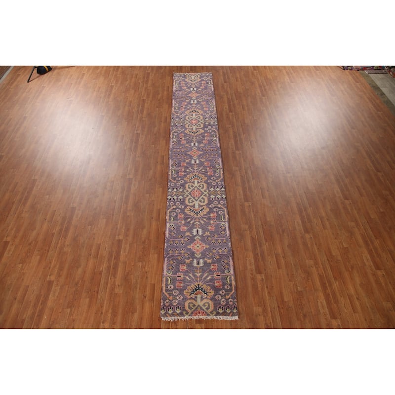 All-Over Purple Kazak Indian Runner Rug Handmade Wool Carpet - 2'6"x 15'10"