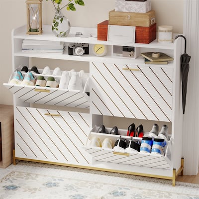 Wood Shoe Organizer Cabinet with 4 Flip Doors for Small Spaces