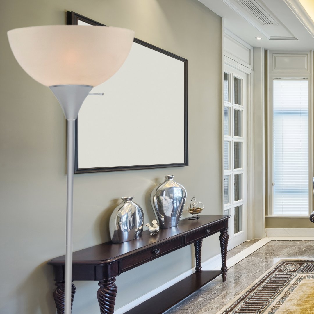 Stand Up Floor Lamp in Silver Modern Corner Light with White Opal Bowl Shade 72 inch Tall 150 Watt Black