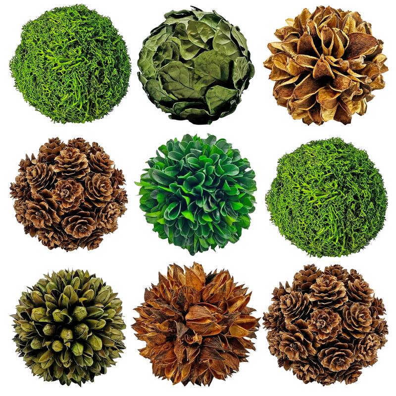 Handmade Preserved Topiary Balls, Set of 9 Decorative Floral Orbs - 4 inch