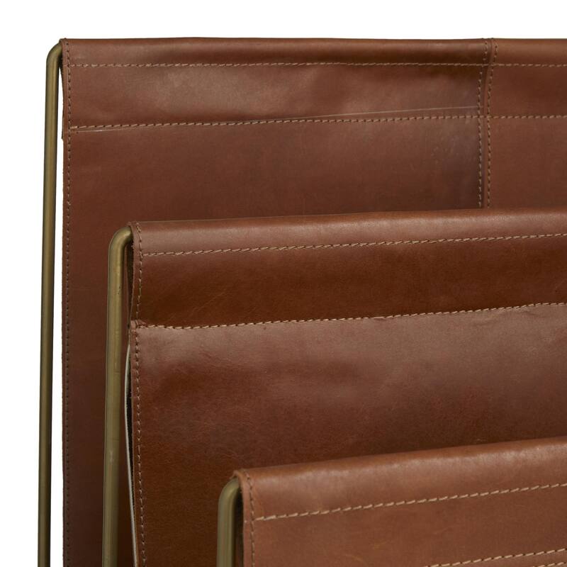 Leather 3 Slot Magazine Holder with Metal Stand - Dark Blue or Brown - Roche River Decor