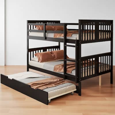 Solid Wood Full over Full Bunk Bed with Trundle, Detachable Beds with Safety Rails and Ladder, No Box Spring Needed