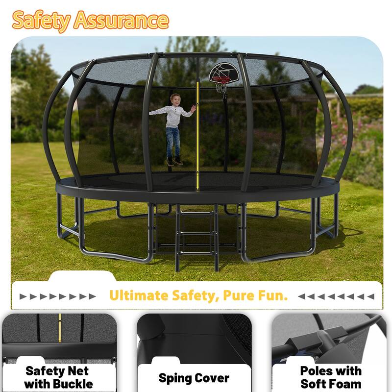 16FT Outdoor Trampoline for Kids and Adults, Pumpkin Trampolines with Curved Poles,Heavy Duty Trampoline