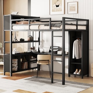 Black Full Size Metal Loft Bed with Wardrobe, Desk, and Storage Shelves