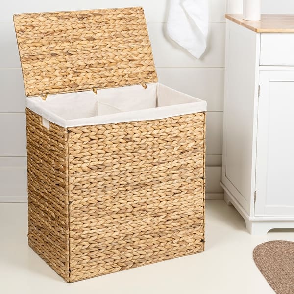 Handwoven 2-Section Collapsible Laundry Hamper, Washable Liner - Natural