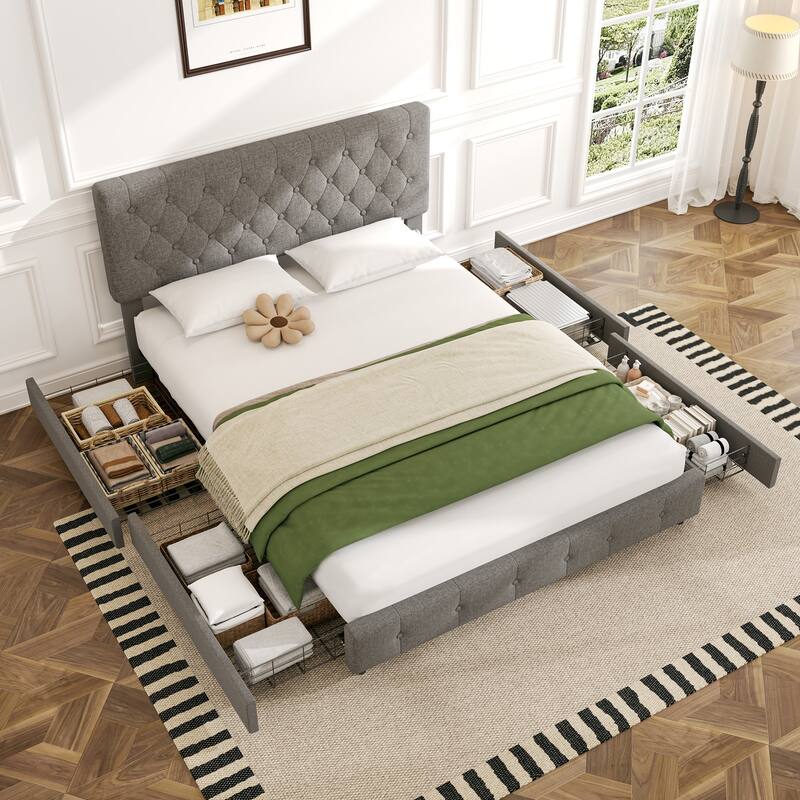 Linen Upholstered Headboard Bed Frame with Large Hidden Storage, 4 Underbed Drawers with Pulleys