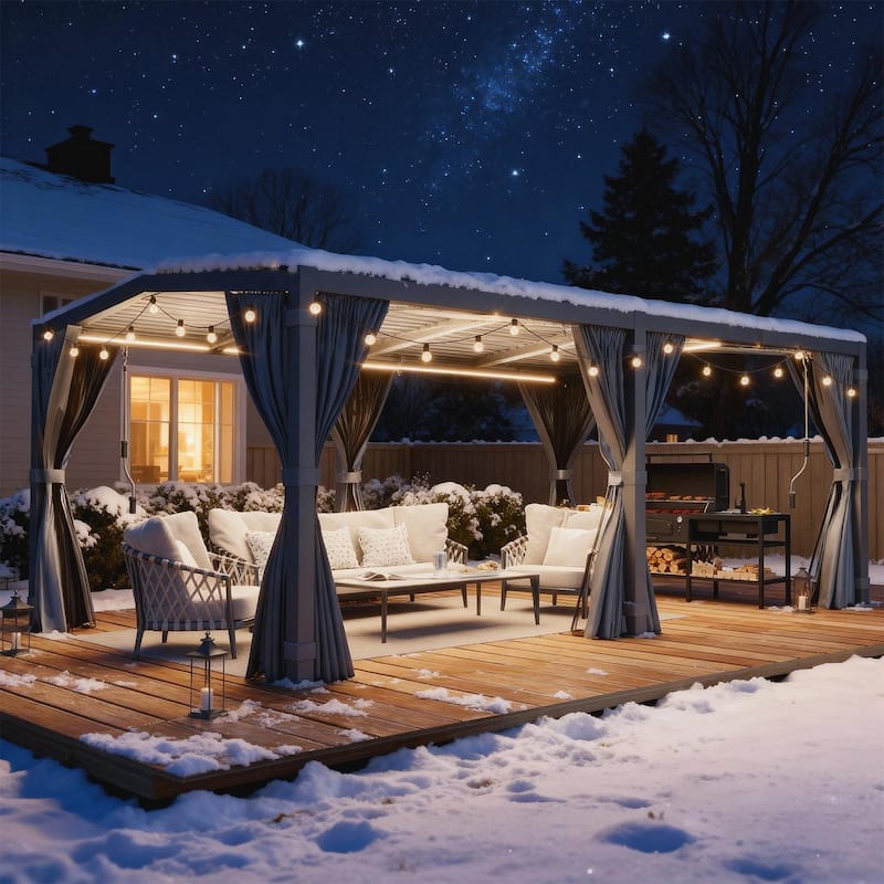 Erommy Outdoor Louvered Pergola Gazebo with Adjustable Aluminum Rainproof Roof and Pull-Down Screen