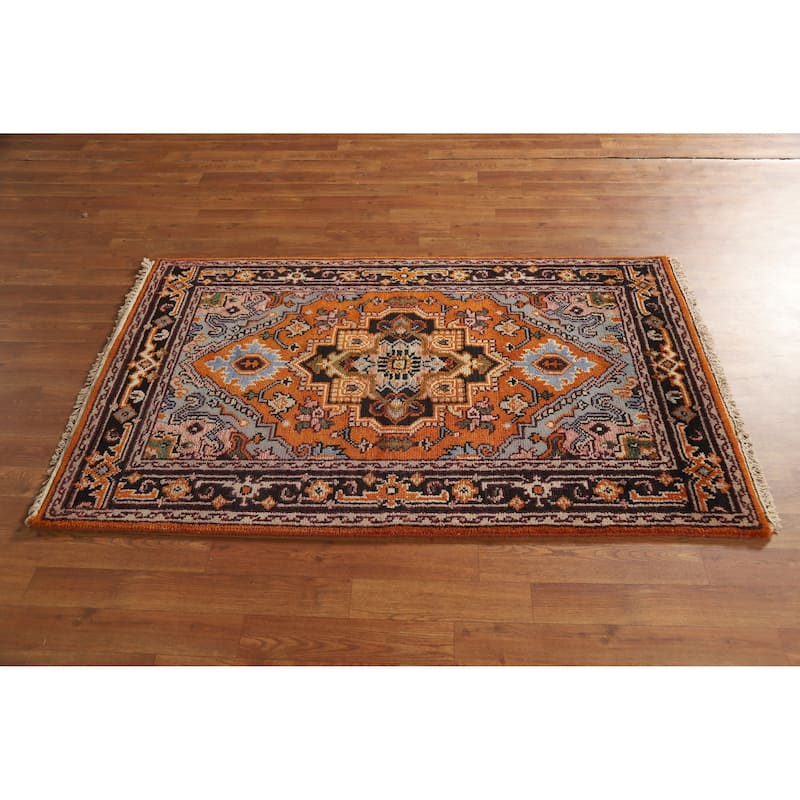 Hand Knotted Oriental 100% Wool Carpet Traditional Medallion Oranges & Rust Heriz (serapi) Area Rug - 5' 1'' X 3' 1''