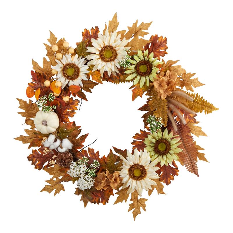 Sunflower, Pumpkin, & Berries Artificial Fall Harvest Wreath, 30-Inch