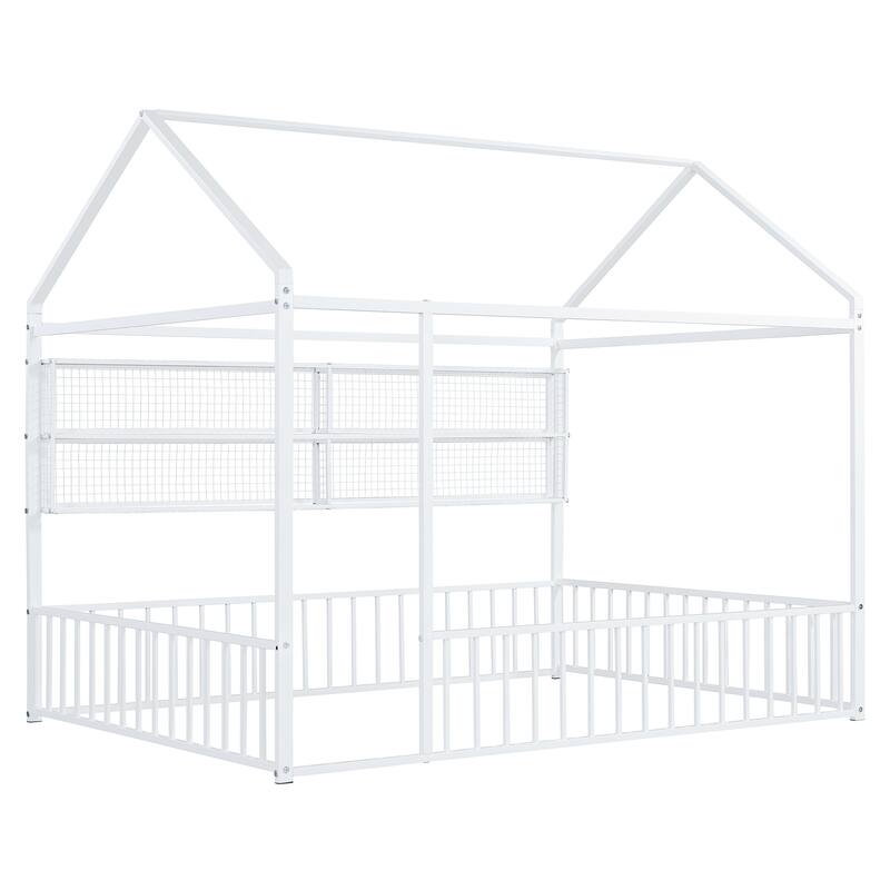 Full Size Metal House Platform Bed Frame with Storage Shelves,Fence and Shelves
