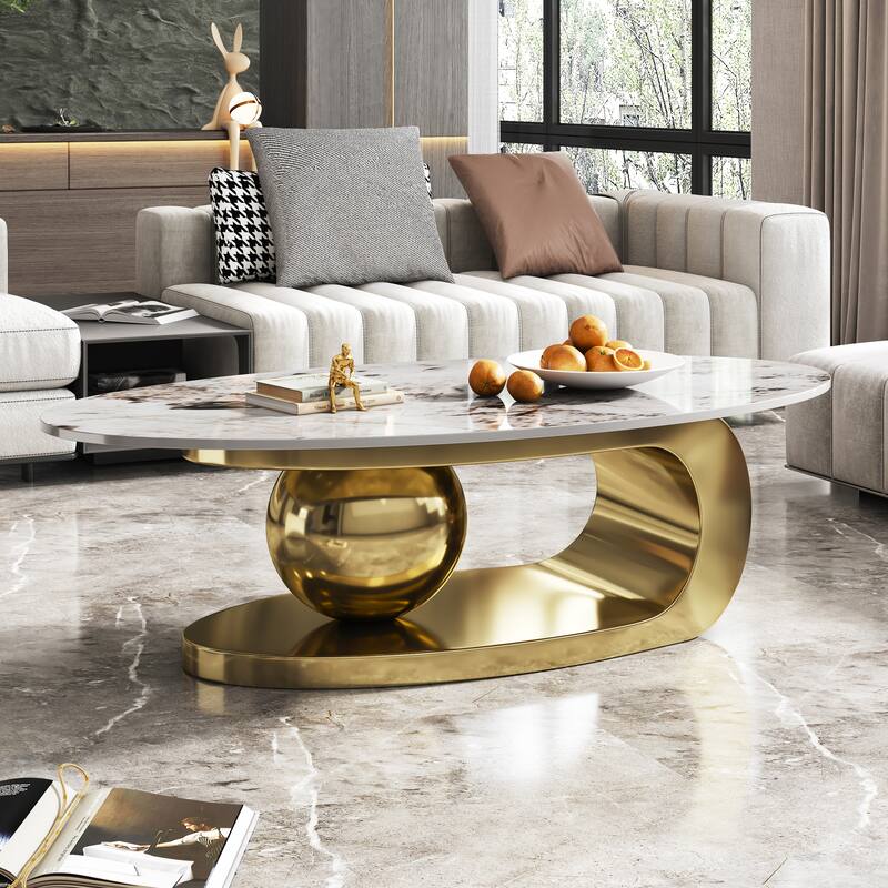51 Inches Oval Faux Marble Coffee Table for Living Room with Stainless Steel Base