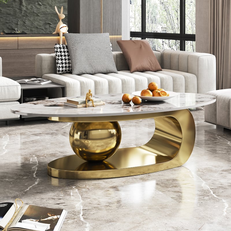 Modern Marble-Effect Coffee Table Stylish Coffee Table Oval Coffee Table with Base Perfect,for Living Room