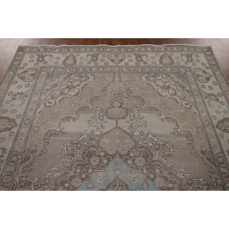 Distressed Tabriz Persian Vintage Rug Handmade Beige Wool Carpet - 6'6"x 9'8"