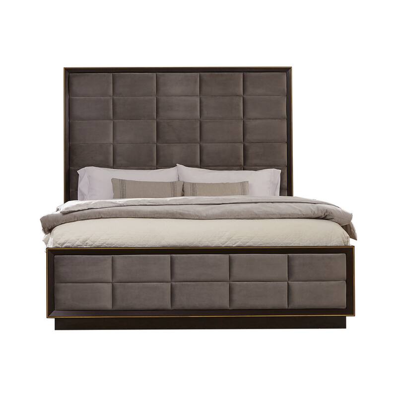 Oslo California King Bed, Vaulted Headboard, Tufted Soft Gray Upholstery