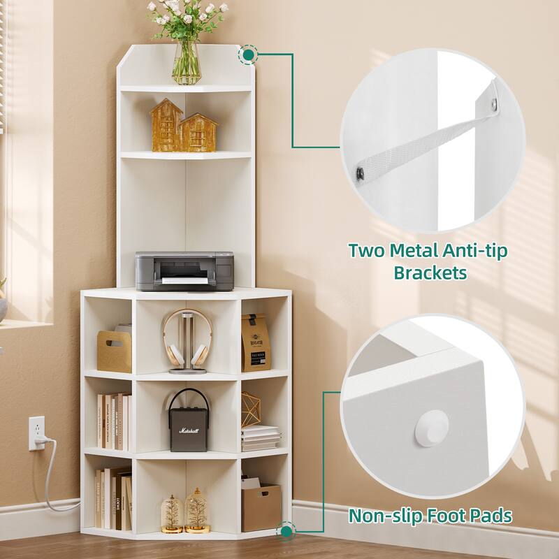 Moasis Industrial Corner Display Bookshelf Bookcase with USB Ports and Outlets