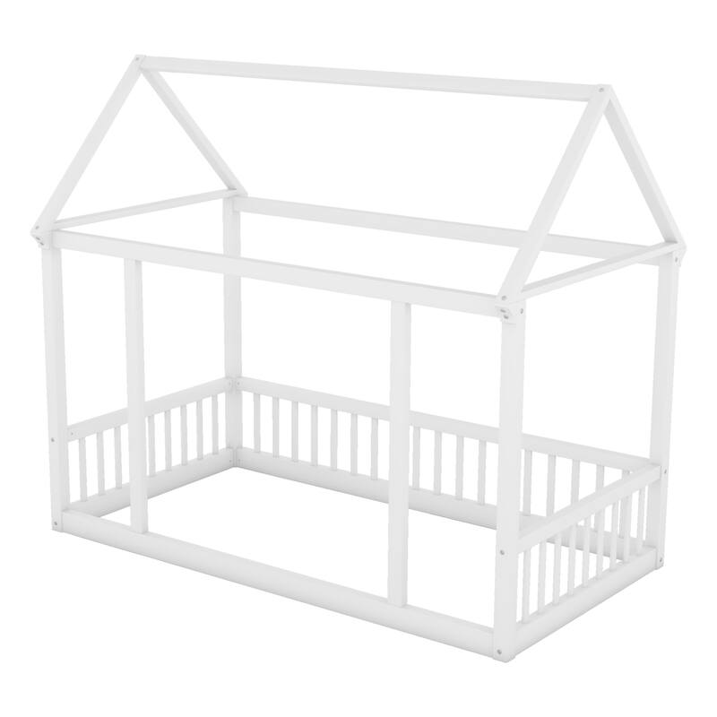 Twin/Full Size Floor Bed with Wooden House Roof Frame and Safety Guardrails for Children's Bedrooms, Small Space