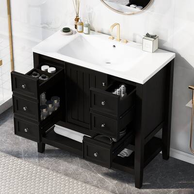 36-In Single Sink Bathroom Vanity with Ceramic Top,Freestanding Bathroom Cabinet with 1 Cabinet,3 Drawers and Shelves
