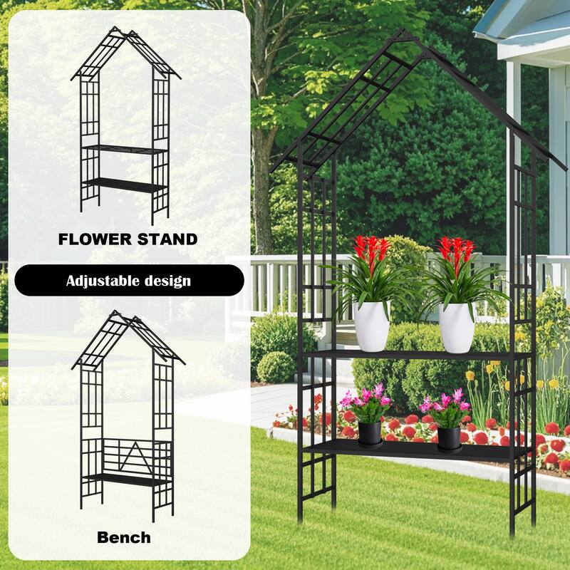 Anmytek Black Metal Garden Arch with Bench and Flower Stand for Climbing Plants Rose Arbor