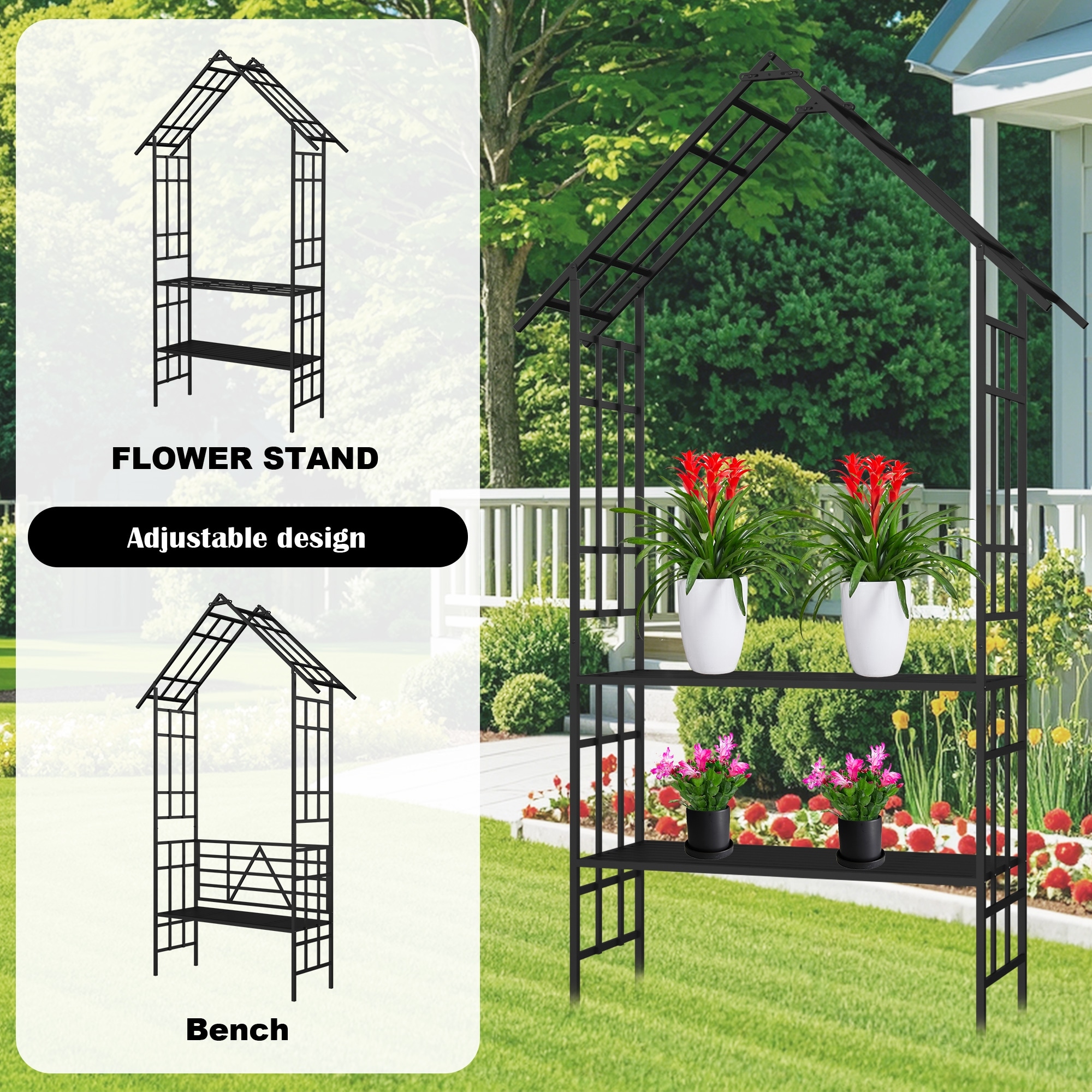 Metal Garden Arch With Bench Turned Into Flower Stand For Climbing Plants