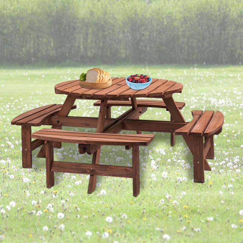 8 Person Dining Table with 4 Built-in Benches Outdoor Camping Round Dining Table Poolside Picnic Beer Table with Seat