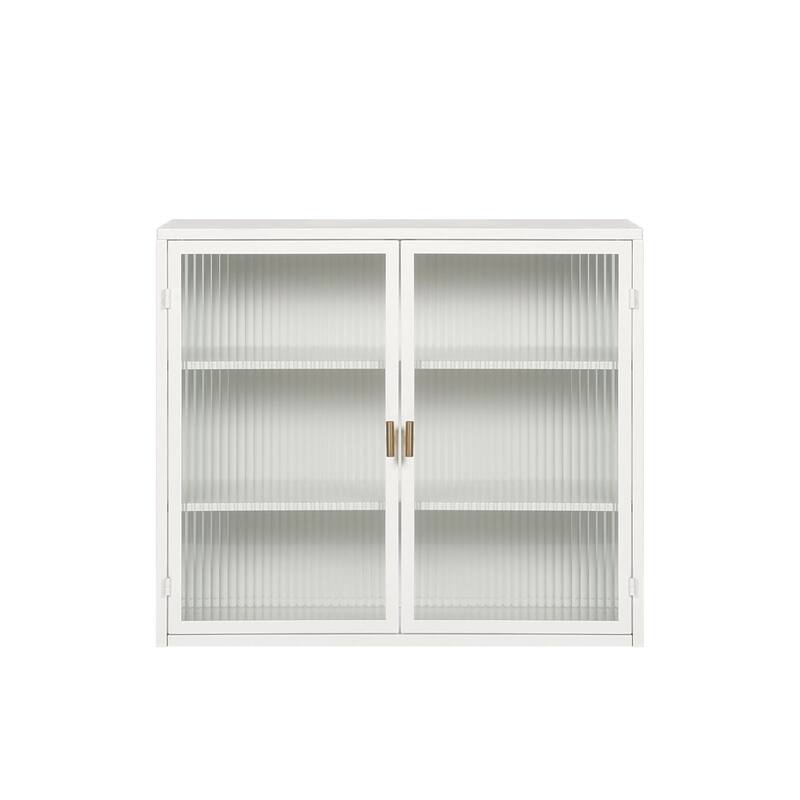 Modern Wall Cabinet With Glass Door Metal Storage Cabinet With Detachable Shelves For Entryway Living Room Bathroom Dining Room - White