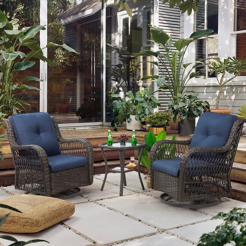 3-Piece Outdoor Brown Wicker Swivel Rocking Chairs Set