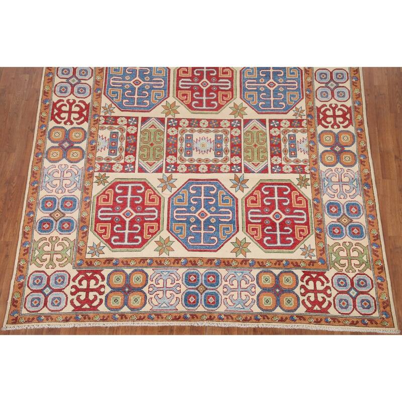 Hand Knotted Oriental 100% Wool Carpet Traditional All-Over Beige & Ivories Kazak Area Rug - 9' 11'' X 6' 8''