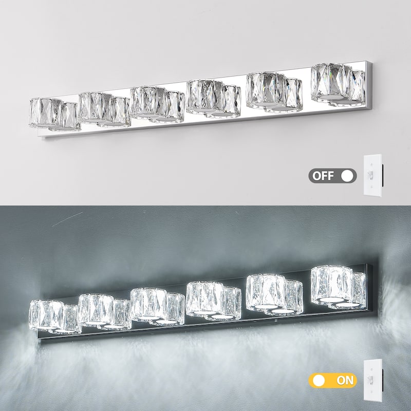 41" Modern Crystal 6-Light LED Wall Sconce,Elegant Chrome Bathroom Vanity Light with Clear Crystal Shades