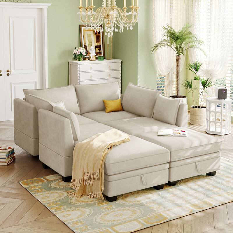 115.1" Linen U-Shaped Sectional Sofa with Sleeper & Storage Chaise