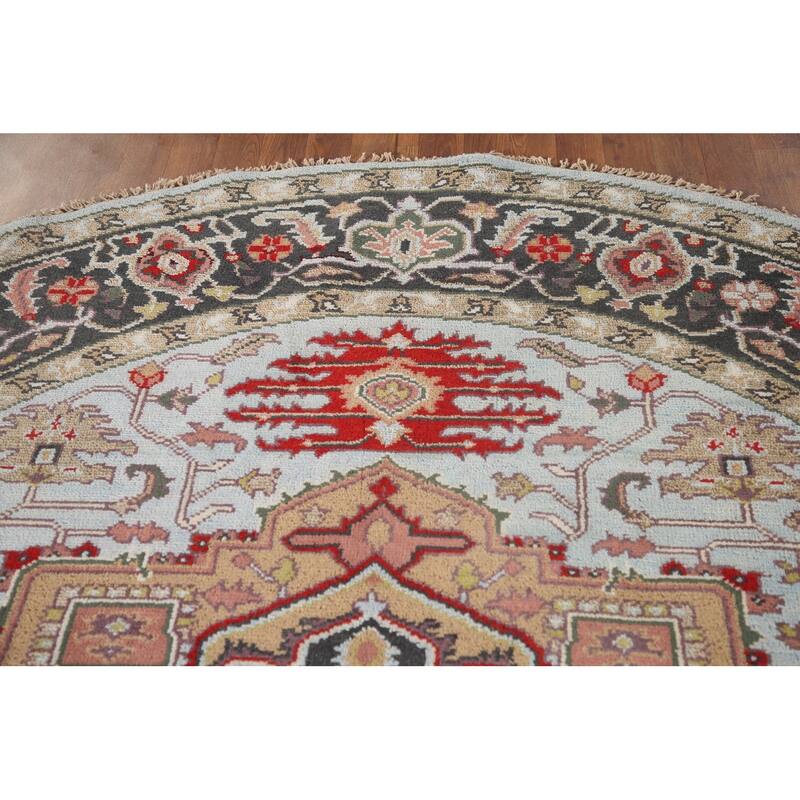 Light Blue Heriz-Serapi Oriental Round Area Rug Handmade Wool Carpet - 7'11"x 7'11"