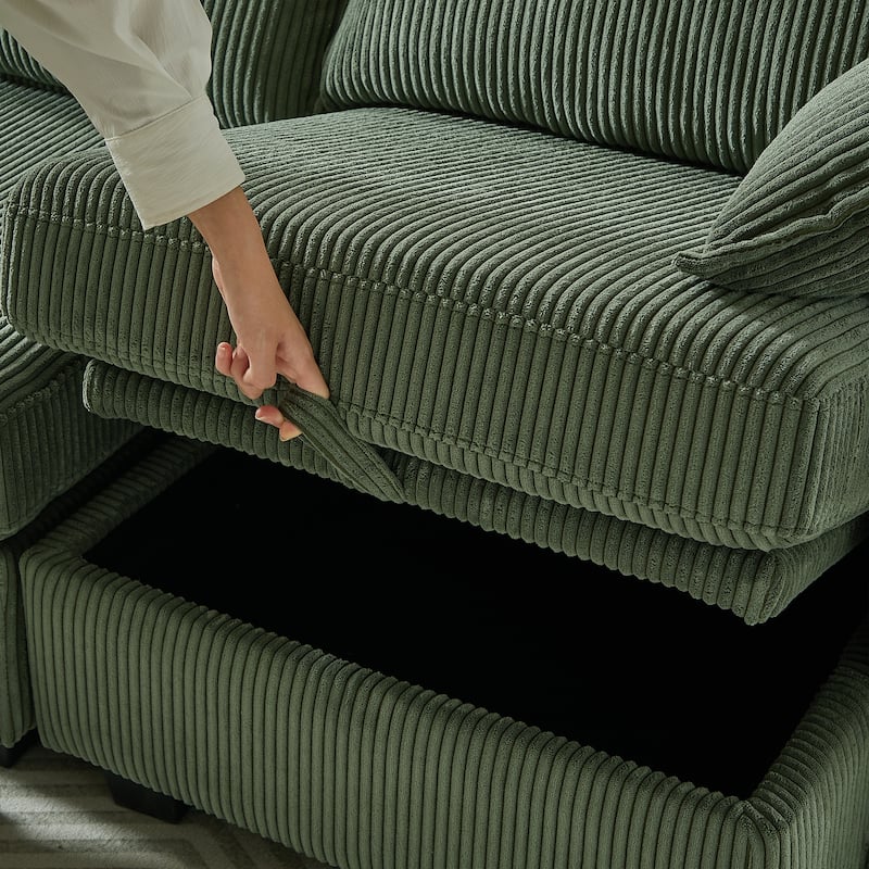 113.5" Corduroy U-Shaped Sectional Sofa with Ottoman