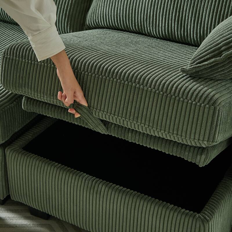 113.5" Corduroy U-Shaped Sectional Sofa with Storage Ottoman, 6-Seat Modular Design and Convertible Chaise