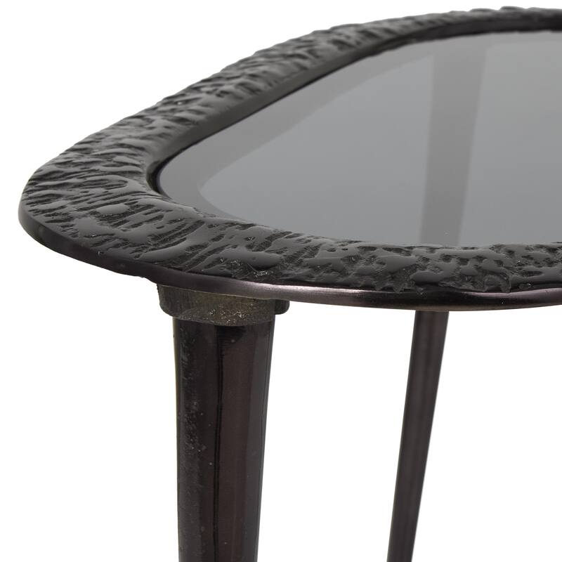 Aluminum Metal Abstract Oval Shaped Side End Table with Shaded Glass Top and Detailed Engravings - Black - Roche River Decor