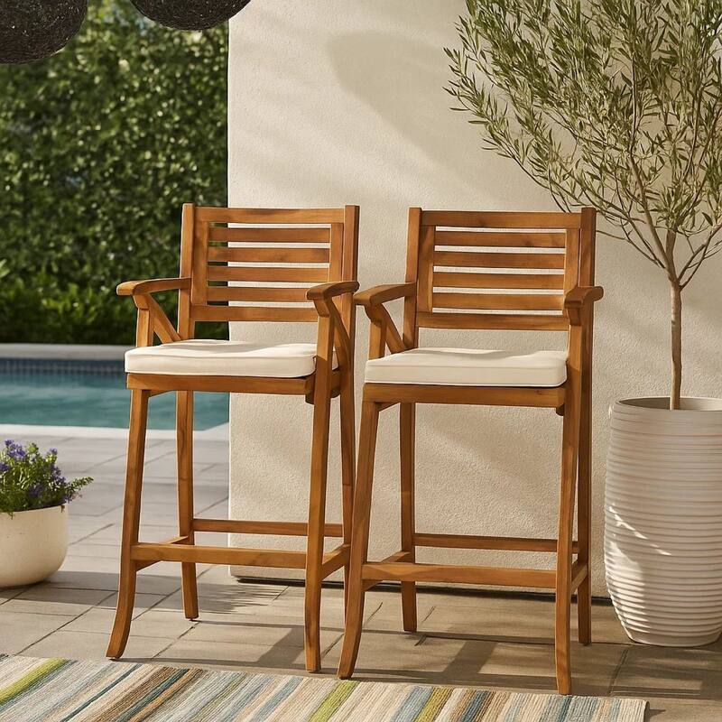 Olen Outdoor Barstool Chair Set of 2, Beige Polyester Brown Solid Wood