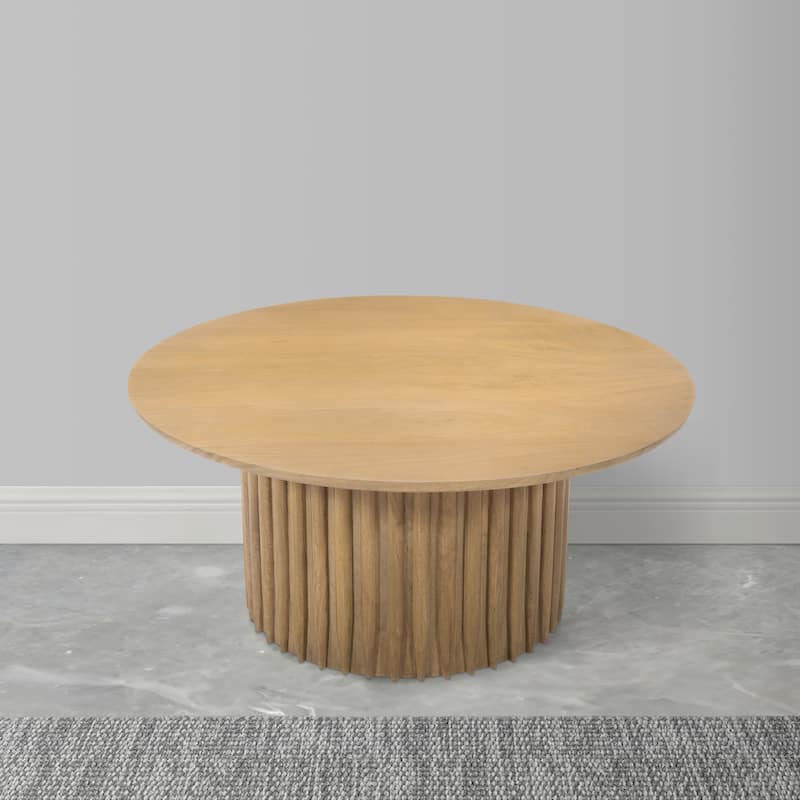 Sejo Coffee Table, 34 Inch Round Top with Fluted Base in Natural Brown Mango Wood