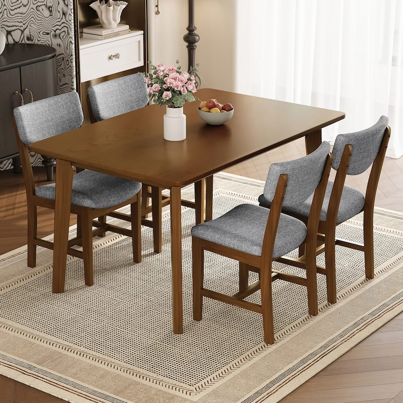 Rustic 5-Piece Farmhouse Dining Set - Solid Wood Table & 4 Upholstered Chairs for Kitchen, Dining Room - Walnut