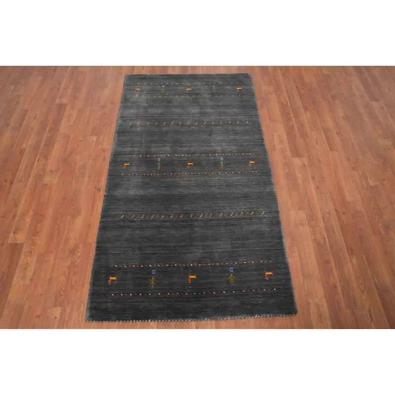 Hand Knotted Oriental 100% Wool Carpet Tribal Animal Pictorial Greys & Charcoal Gabbeh Area Rug - 5' 5'' X 3' 0''