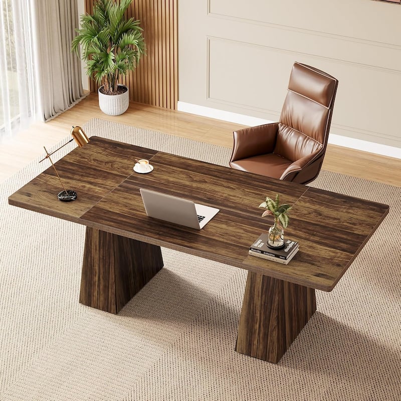 63" Modern Executive Desk, Large Computer Workstation with Sturdy Double Pedestal Base, Elegant Study & Writing Table - Brown