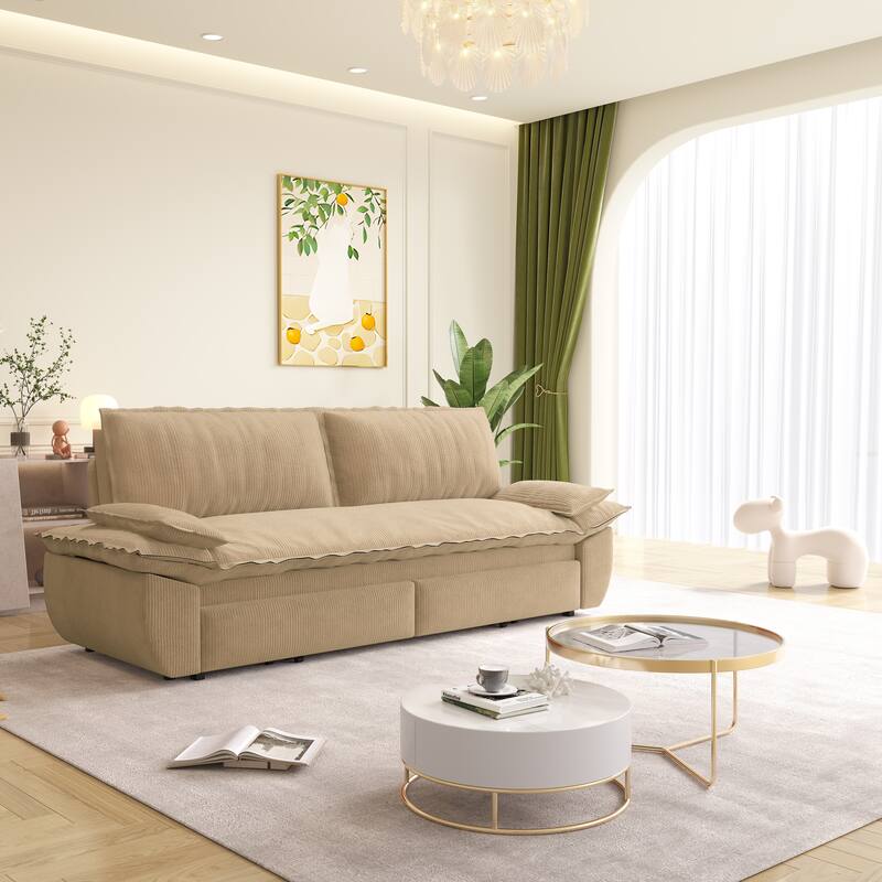 73.2" Queen Pull Out Sofa Bed, 3-in-1 Convertible Sleeper Sofa, Multi-Functional Corduroy Loveseat Bed - Camel