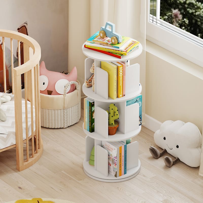 Space-Saving 3-Tier Rotating Bookshelf Storage Rack Tower with Divided Shelves Ideal for Photos or Decor - 15.5" x 15.5" x 38.5"