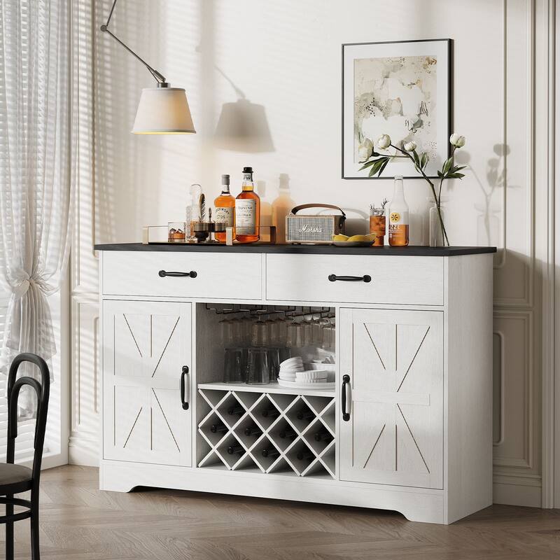 Gymojoy 55" Farmhouse Bar Cabinet with Wine Rack & Coffee Station, Rustic Storage for Dining Room, Kitchen, Living Room